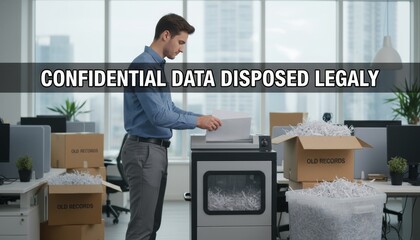 A man is shredding confidential documents in an office, ensuring legal disposal with boxes labeled "Old Records" around him.