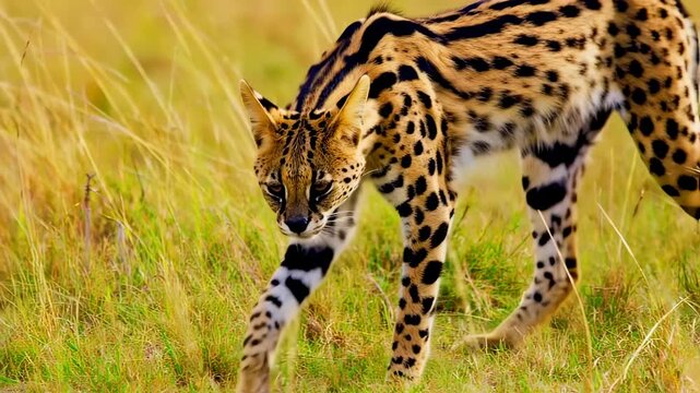 An elegant, spotted wild cat in tall green grass, walking carefully