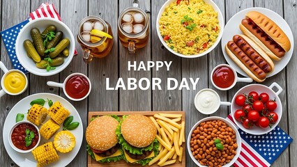 Overhead View of Festive Labor Day Barbecue Spread with Classic American Food