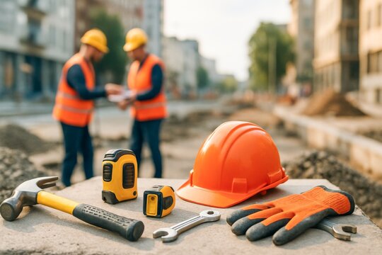 Construction site tools with two male workers collaborating in the background, showcasing teamwork and safety.