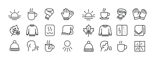 Winter icon set: gloves, cups, sweaters, scarves, and winter sym