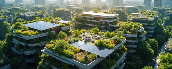 Modern city buildings feature rooftop gardens, solar panels. Rich vegetation covers terraces, promoting biodiversity, eco-friendly urban living. Green spaces integrate into architecture, creating