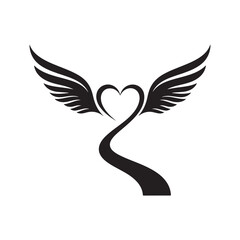 Fototapeta premium A symbolic black silhouette of a heart with wings taking flight on a winding path