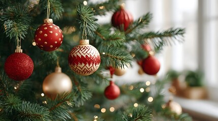 A detailed view of a decorated evergreen Christmas tree featuring shiny red and gold baubles and warm glowing lights evoking a cozy holiday atmosphere