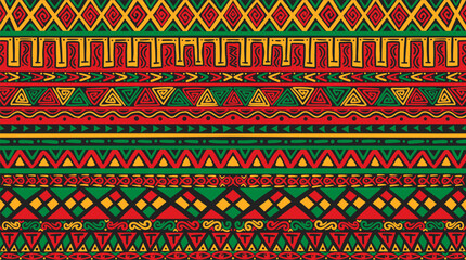 African ethnic tribal clash ornament seamless pattern background. Simple hand drawn symbols background in traditional African colors black, red, yellow, green. Kwanzaa decorative