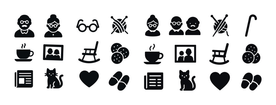 Elderly icons set: grandparents, knitting, tea, pets, walking ca