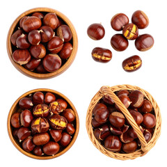 Roasted Chestnuts Displayed In Wooden Bowls And Baskets Against Transparent Background
