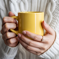 Minimalist close-up of hands holding yellow ceramic coffee mug, delicate gold ring, textured white sweater background, soft even lighting, cozy lifestyle.