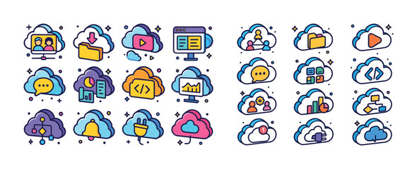 Colorful cloud computing icons for digital media and technology