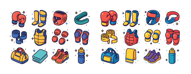 Fototapeta premium Colorful cartoon boxing equipment icons including gloves and pro
