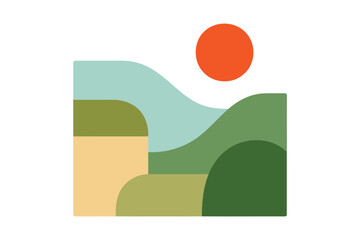 Abstract minimalist landscape illustration featuring geometric shapes and a red sun