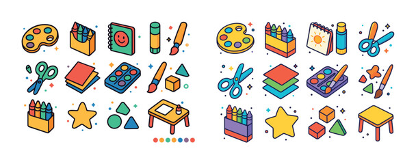 Colorful art supplies and shapes: creative tools and vibrant geo