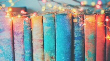 Books lined up with colorful lights glowing in the background at home