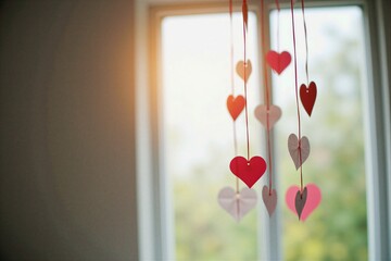 Pink and red heart decor hanging in front of sunlit window