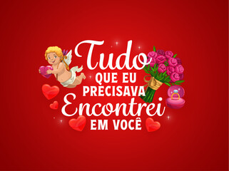 Fototapeta premium Spanish quote tudo que eu precisava encontrei em voce Valentine's day greeting. Saint Valentine love holiday vector quote, greeting card phase with cupid funny character, peonies and engagement ring