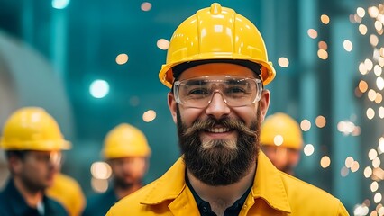 Confident smiling bearded man in yellow hard hat and safety glasses at industrial site