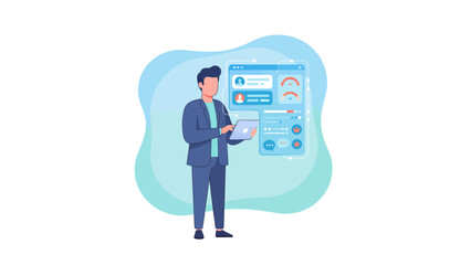 A businessman interacting with a digital dashboard and data analytics interface on a tablet.