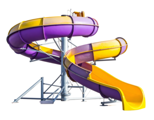Vibrant purple and yellow spiral water slide on a support structure