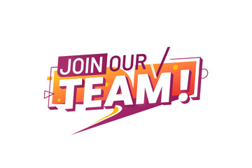 Join our team career offer icon or symbol. Job offer graphic label, career recruitment vector banner. Human resources vacancy tag or icon with orange speech bubble and purple graphic typography