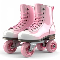Pink and white retro roller skates, laced up, on a white background
