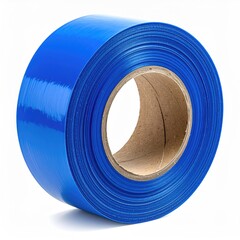 A roll of glossy blue adhesive tape, set against a bright white backdrop