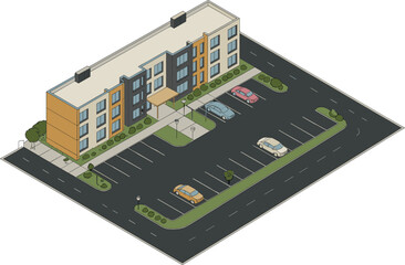 Obraz premium Isometric Apartment Residential Building with Large Outdoor Parking Lot Vector