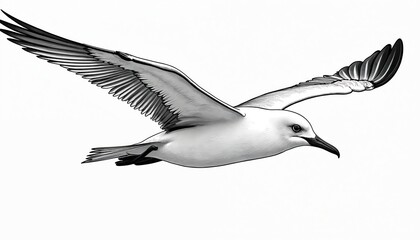Obraz premium Line drawing of a large seabird, possibly an albatross, in mid flight against a white background. The illustration focuses on the bird spread wings and detailed feathers, with a simple contour style.