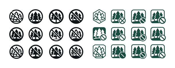 Forest conservation icons: diverse styles of tree and no cutting