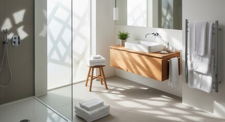 Contemporary bathroom interior features a floating wooden vanity, square sink, and heated towel rack