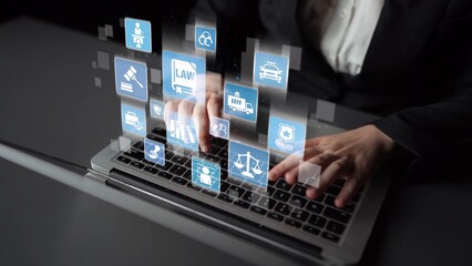 Law icons illustrate justice, court, and regulation system. Law represents fairness, law supports...