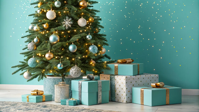 Christmas Tree adorned with Gifts and Star Decoration, creating a festive mood. Festive wrapping paper enhances the home decor for the season.