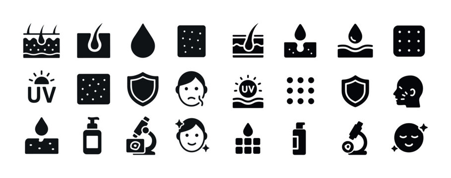 Dermatology icon set: skin care elements with uv protection and