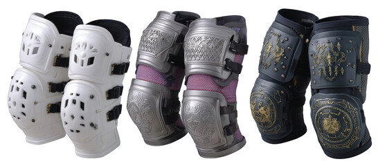 Three distinct pairs of knee pads displayed, showcasing various designs and colors, ideal for sports