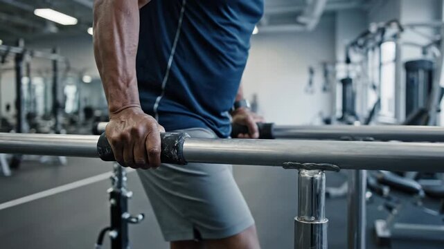 Man exercising on parallel bars in rehabilitation gym