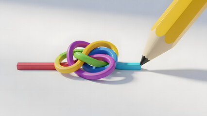 A pencil drawing colorful linked loops on a blank canvas, highlighting creative process