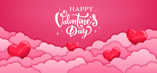 Valentine Day paper cut sky clouds with love hearts. Vector greeting card with 3d paper cut border of pink clouds wavy layers and red hearts. Happy Valentines Day romantic holiday love card