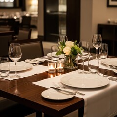 Fototapeta premium Formal dining table elegantly set with crystal glassware and floral centerpiece in upscale interior