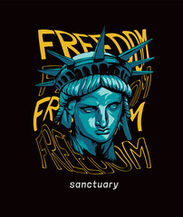 freedom sanctuary slogan with liberty statue head graphic illustration - hand drawn