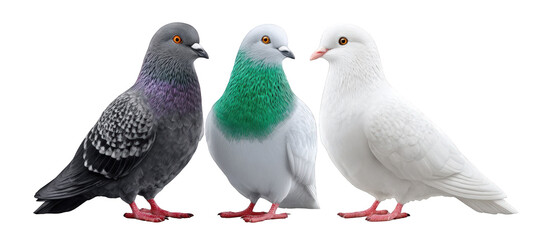 Three distinct pigeons showcasing varied colors and textures against a neutral background