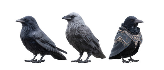 Three distinct ravens showcasing varied plumage and attire, set against a neutral background
