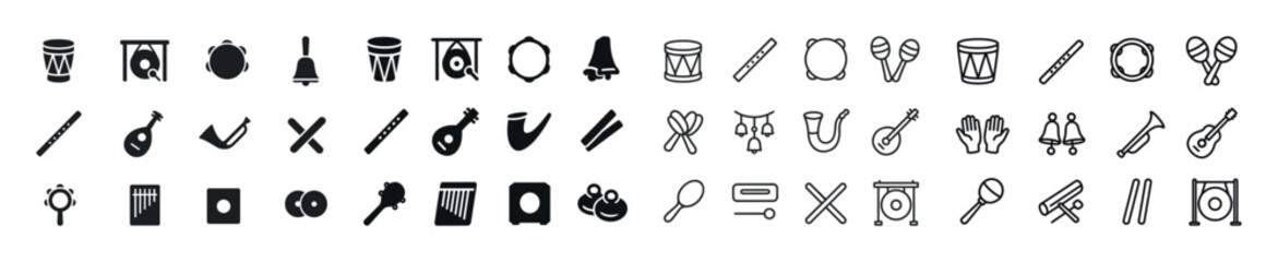 Fototapeta premium Variety of musical instrument icons including drums, bells, and