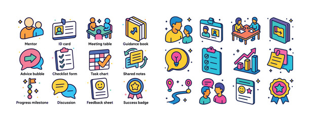 Colorful business icons: mentorship, task management, success, c