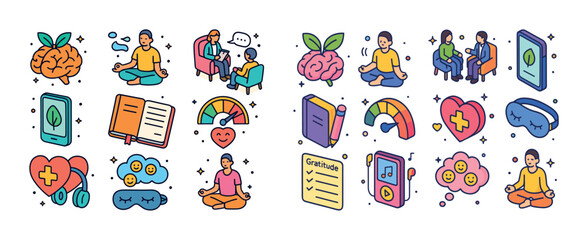 Obraz premium Mental health and wellness icons: meditation, therapy, mindfulne