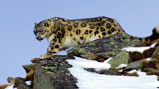 A spotted feline navigates rocky terrain. Blue sky, snowy accents