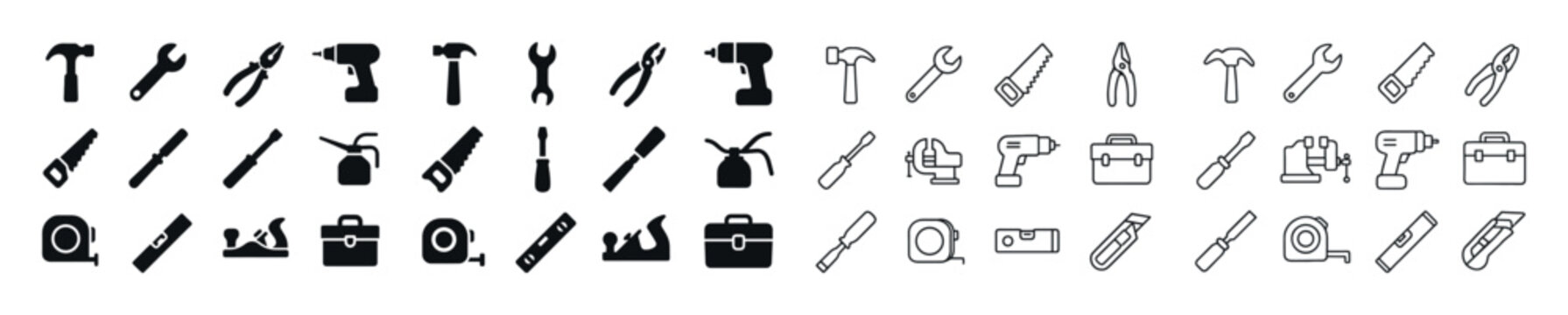Various hand tool icons in black and white for construction and