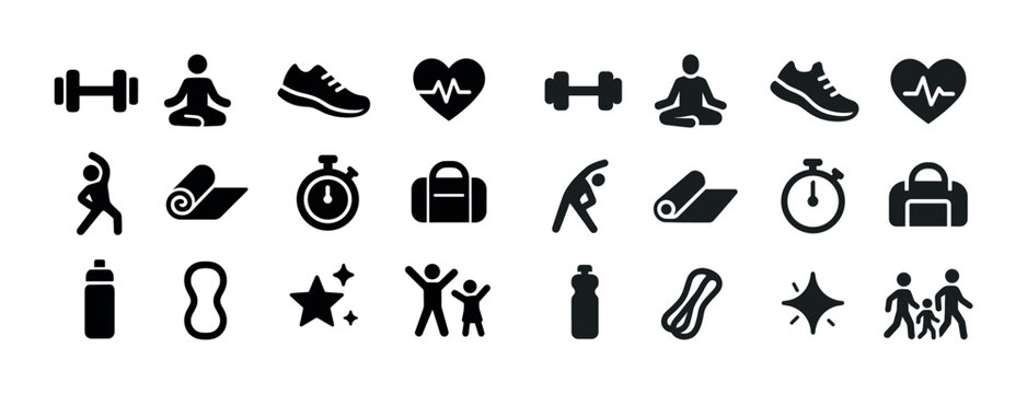 Fitness and yoga icon set: exercise, health, wellness, and sport
