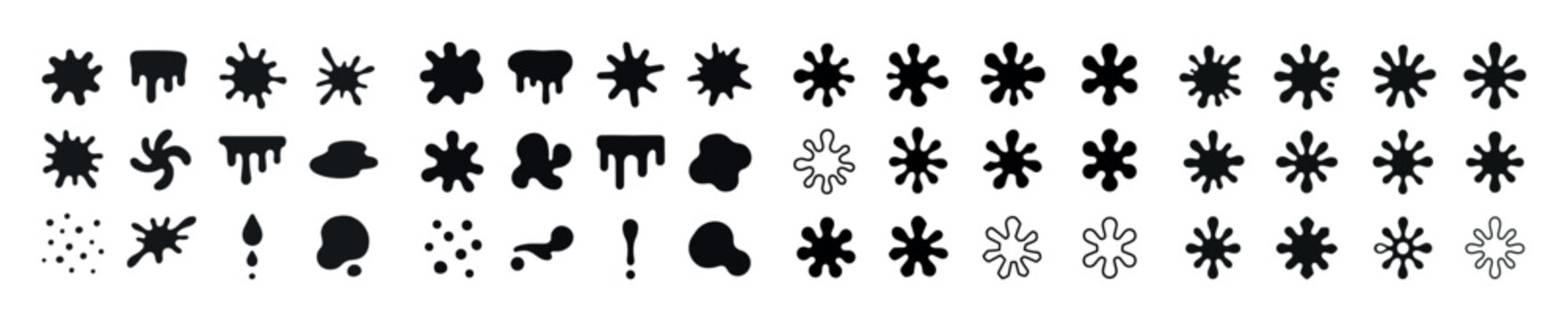 Various black ink splatter and blob shapes on white background