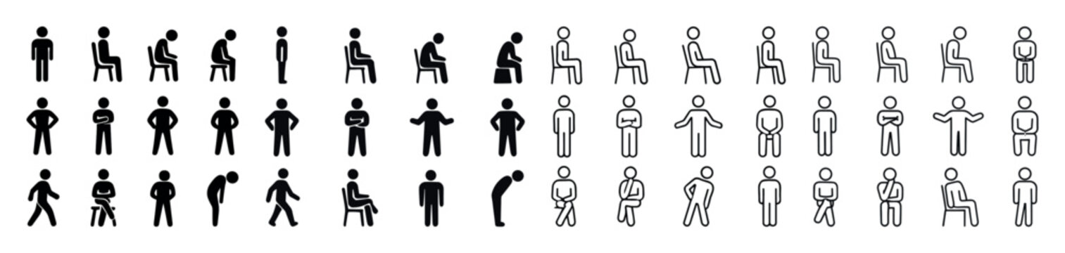 Various stick figure poses: standing, sitting, and gesturing for