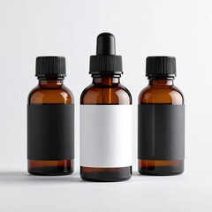 Three brown glass dropper bottles on a white background