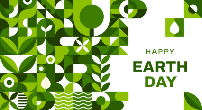 Earth day poster with geometric Bauhaus pattern. Clean ecology and nature saving vector horizontal banner. Earth day, world environment flyer or poster with Bauhaus green abstract shapes pattern